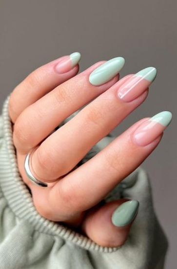 pale mint green rounded long nails for spring. summer pastel nail designs